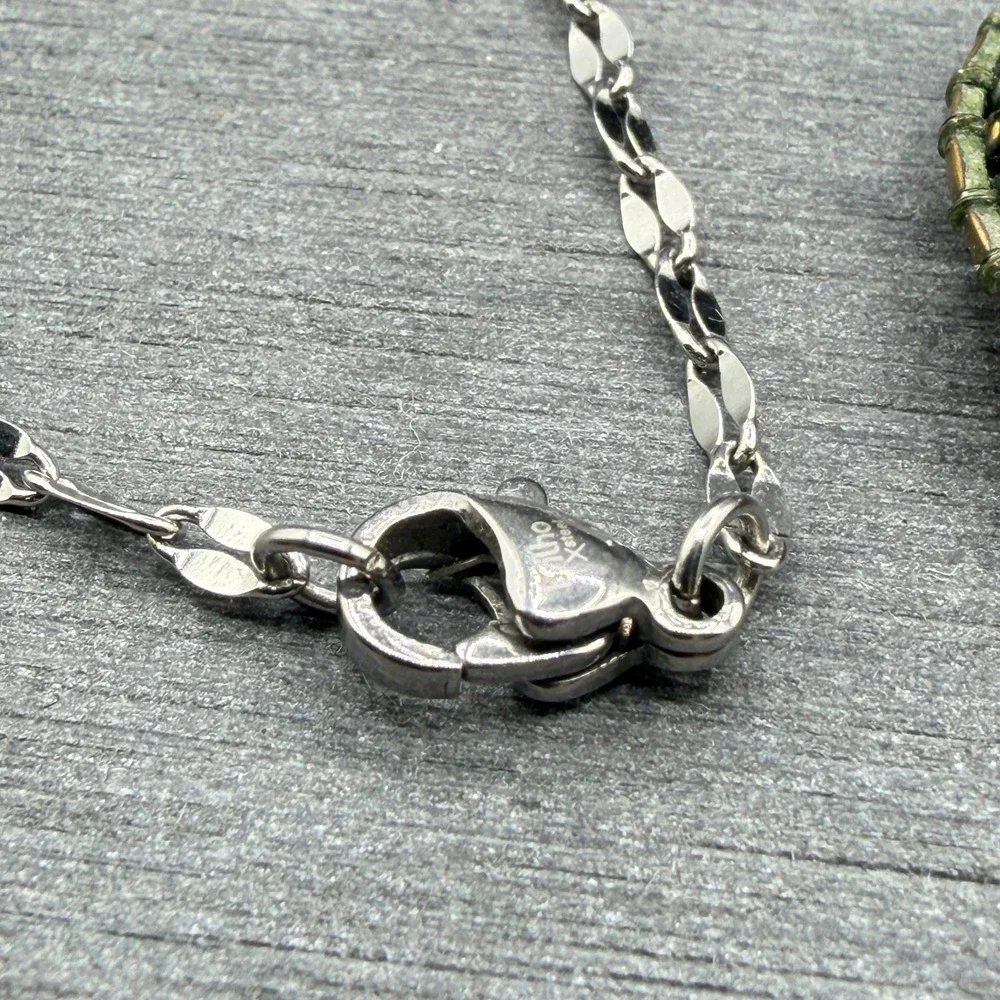Multicolor Beaded Mosaic Pendant Necklace Stainless Steel Chain Boho Statement